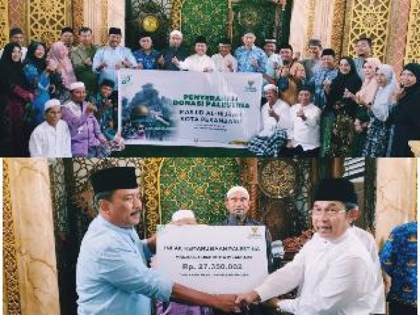 Penyetaraan donasi peduli Palestina dari jamaah Masjid Al Hijrah, dan warga RT 02 RW 01 Delima, Jumat (10/11/2023) yang diterima langsung Ketua Baznas Pekanbaru  Endar Muda. (humasbaznaspku)